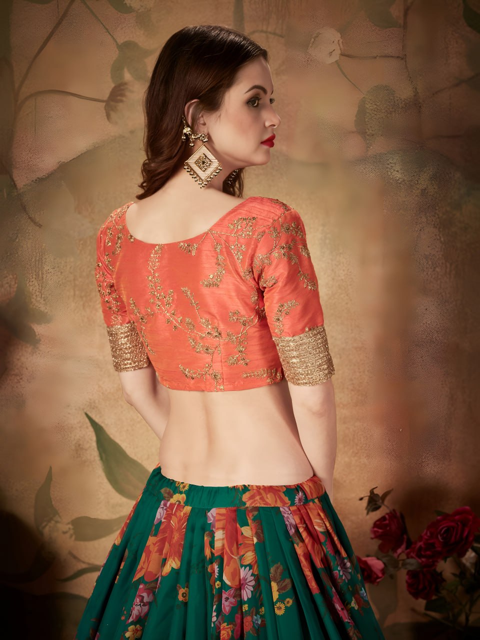 Green Floral Lehenga Choli with Orange Embroidered Blouse