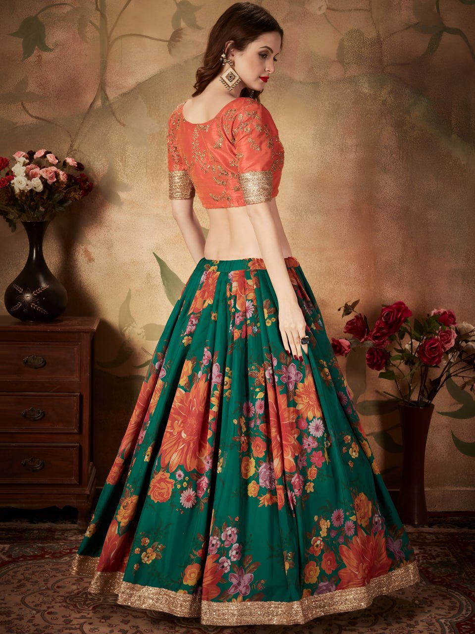 Green Floral Lehenga Choli with Orange Embroidered Blouse