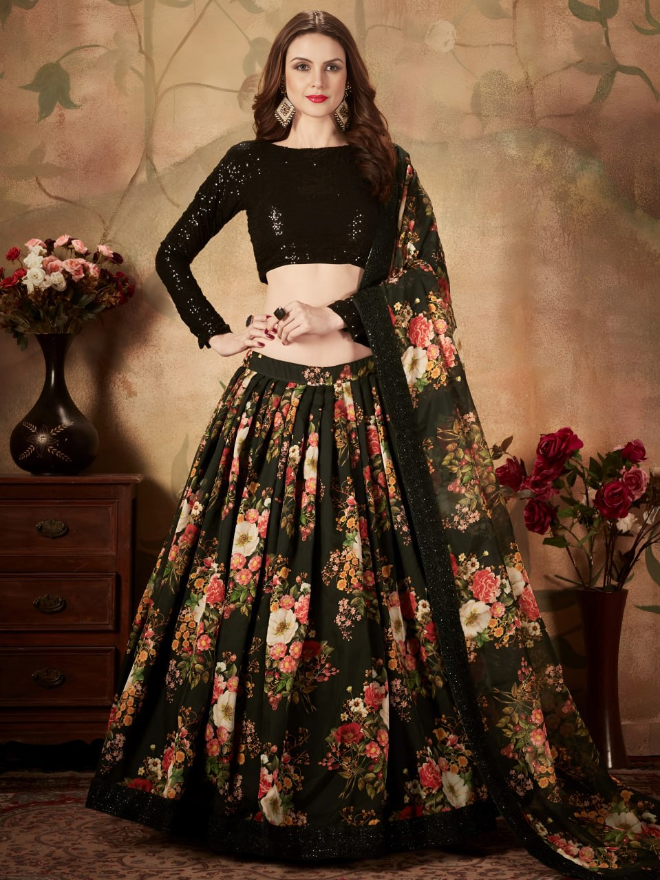 Black Floral Lehenga Choli with Sequin Blouse