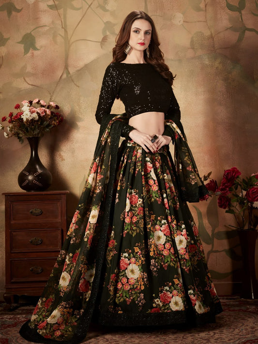 Black Floral Lehenga Choli with Sequin Blouse