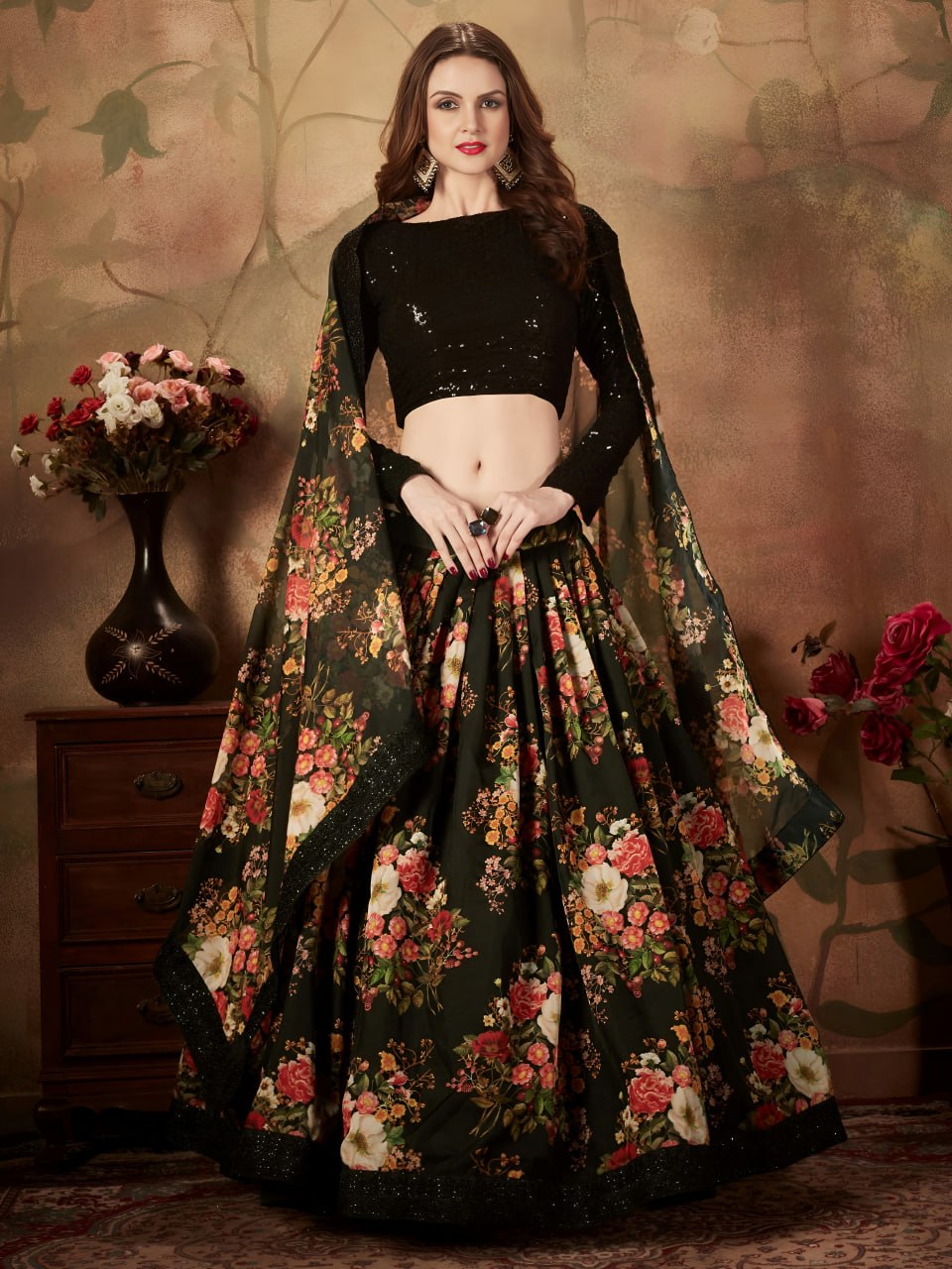 Black Floral Lehenga Choli with Sequin Blouse