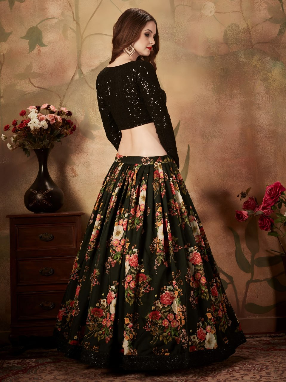 Black Floral Lehenga Choli with Sequin Blouse