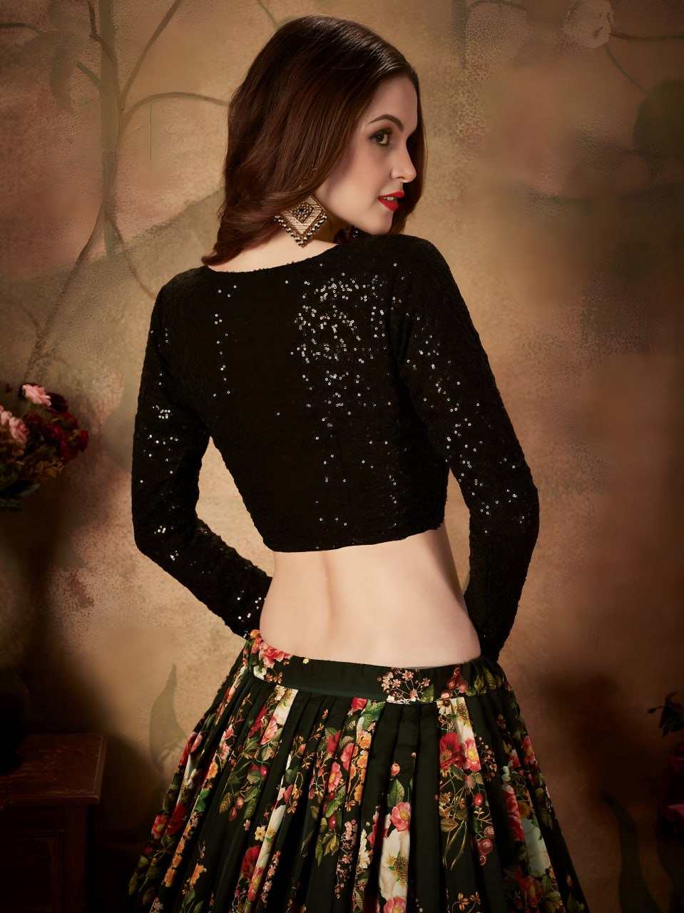 Black Floral Lehenga Choli with Sequin Blouse