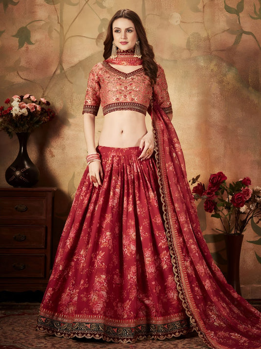Red Floral Lehenga Choli with Embroidered Blouse