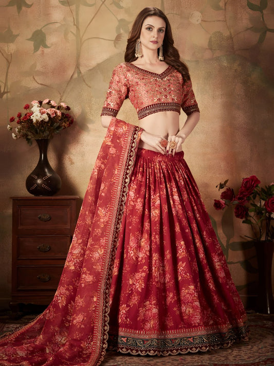 Red Floral Lehenga Choli with Embroidered Blouse