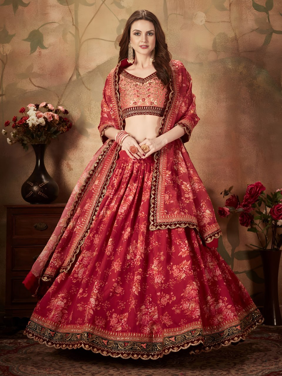 Red Floral Lehenga Choli with Embroidered Blouse