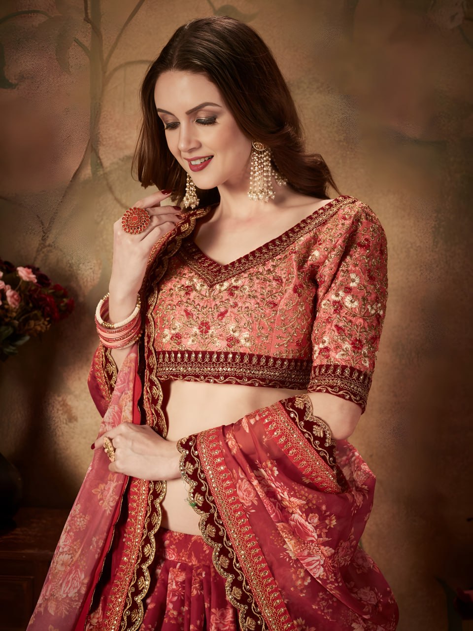 Red Floral Lehenga Choli with Embroidered Blouse
