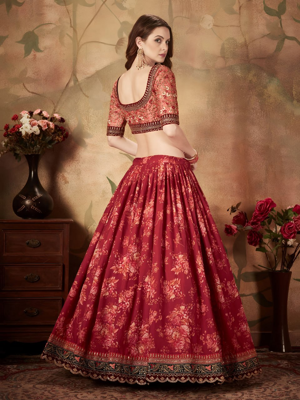 Red Floral Lehenga Choli with Embroidered Blouse