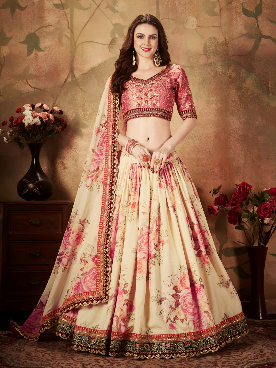 Cream Floral Lehenga Choli with Peach Embroidered Blouse