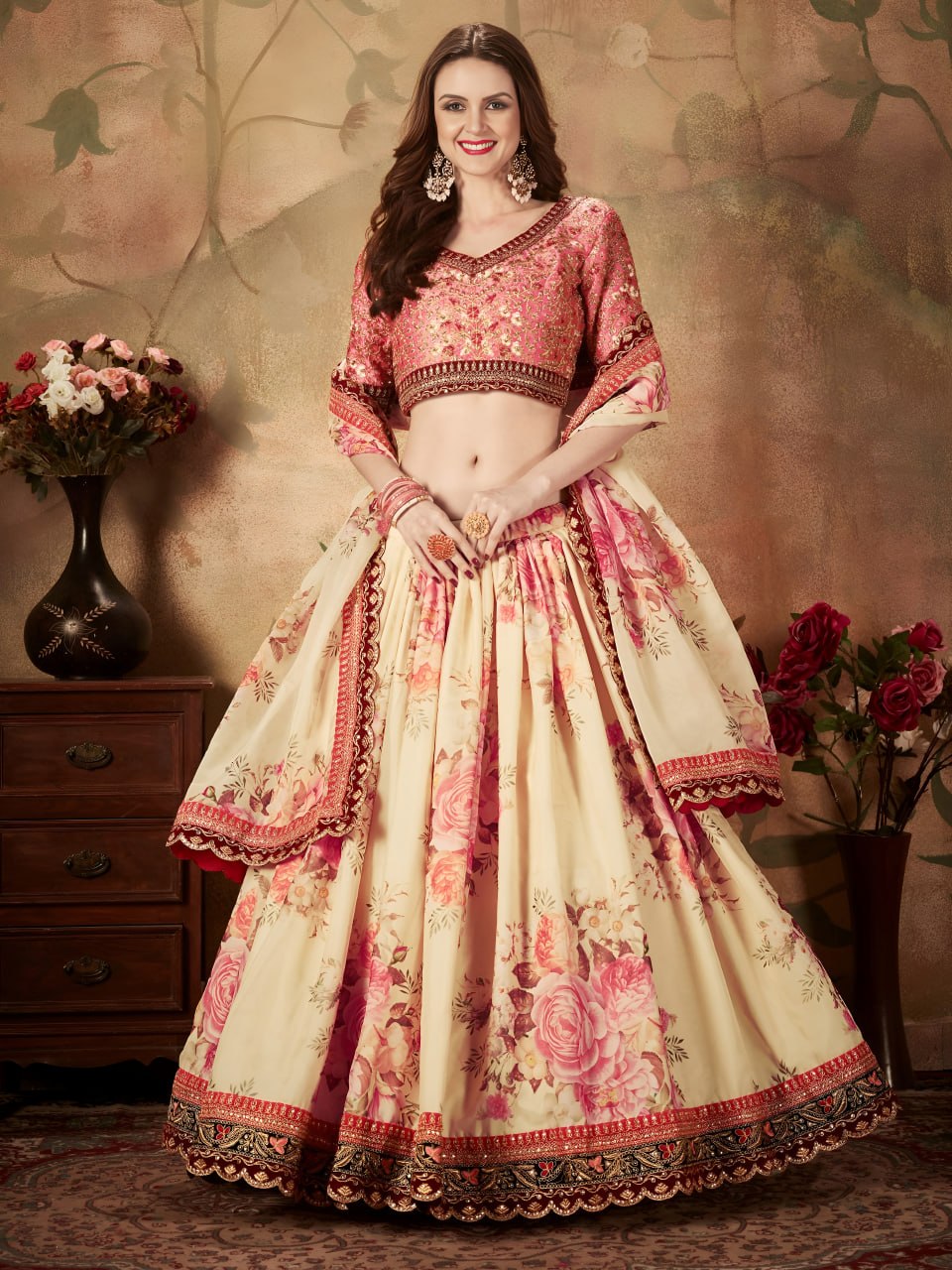 Cream Floral Lehenga Choli with Peach Embroidered Blouse