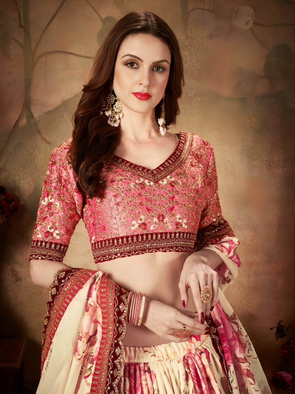 Cream Floral Lehenga Choli with Peach Embroidered Blouse