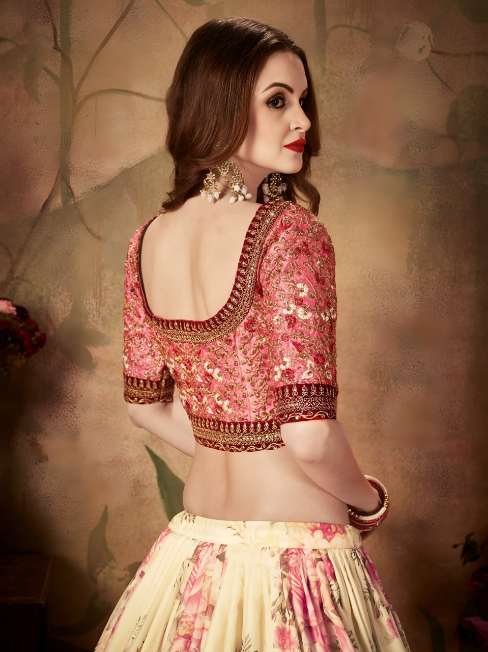 Cream Floral Lehenga Choli with Peach Embroidered Blouse