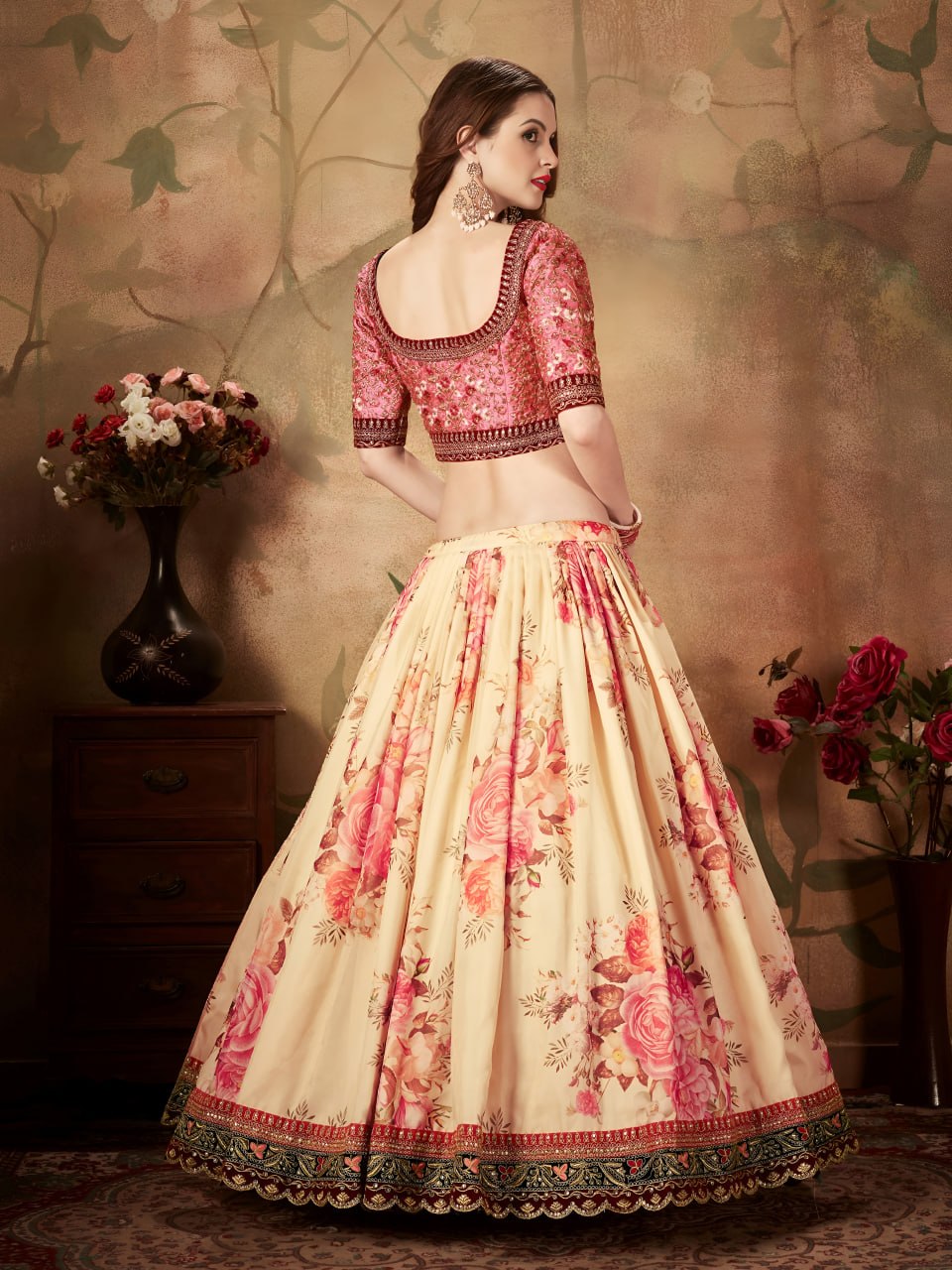 Cream Floral Lehenga Choli with Peach Embroidered Blouse