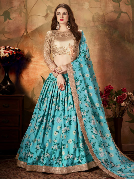 Sky Blue Floral Lehenga Choli with Golden Embroidered Blouse