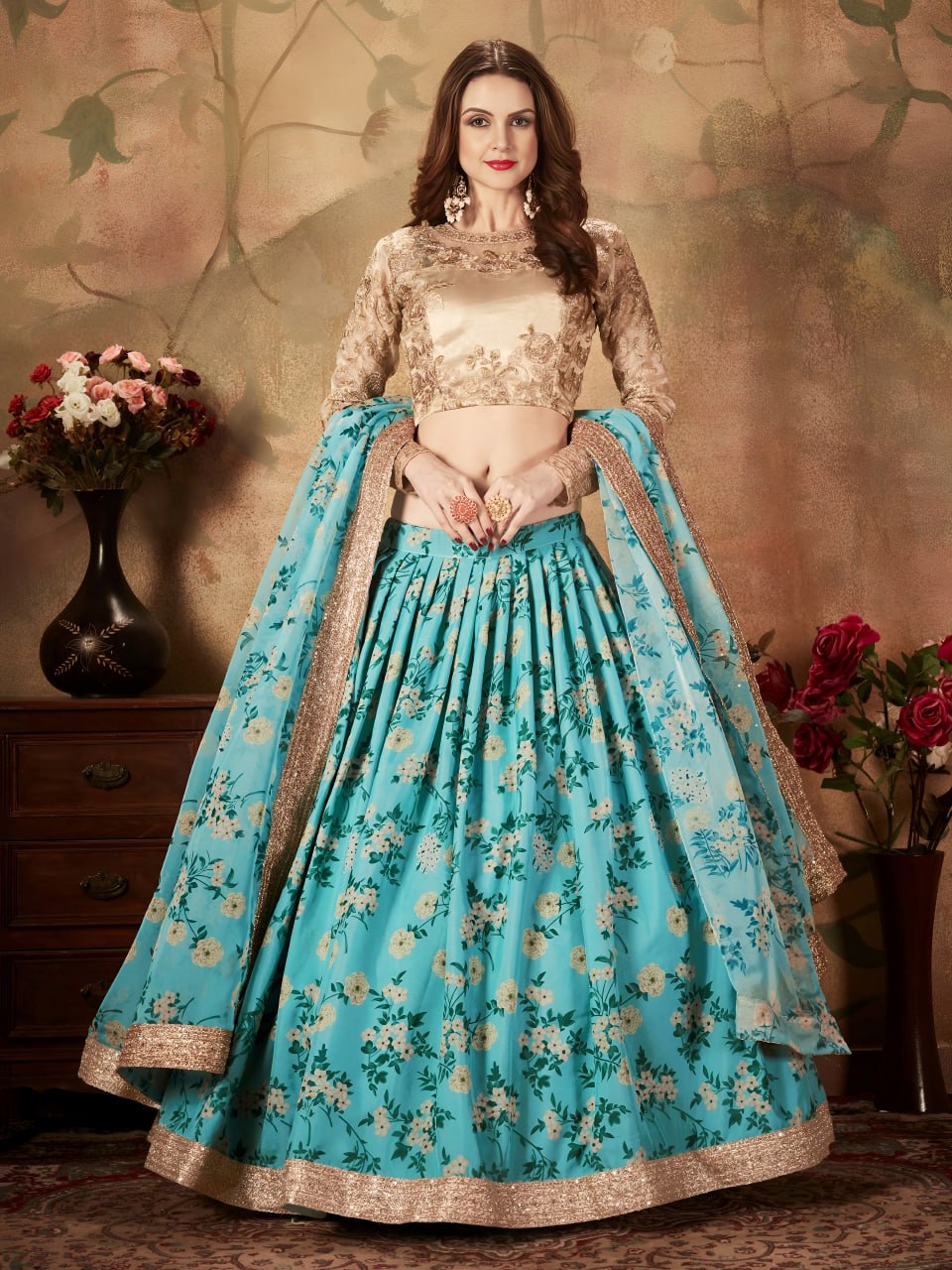 Sky Blue Floral Lehenga Choli with Golden Embroidered Blouse