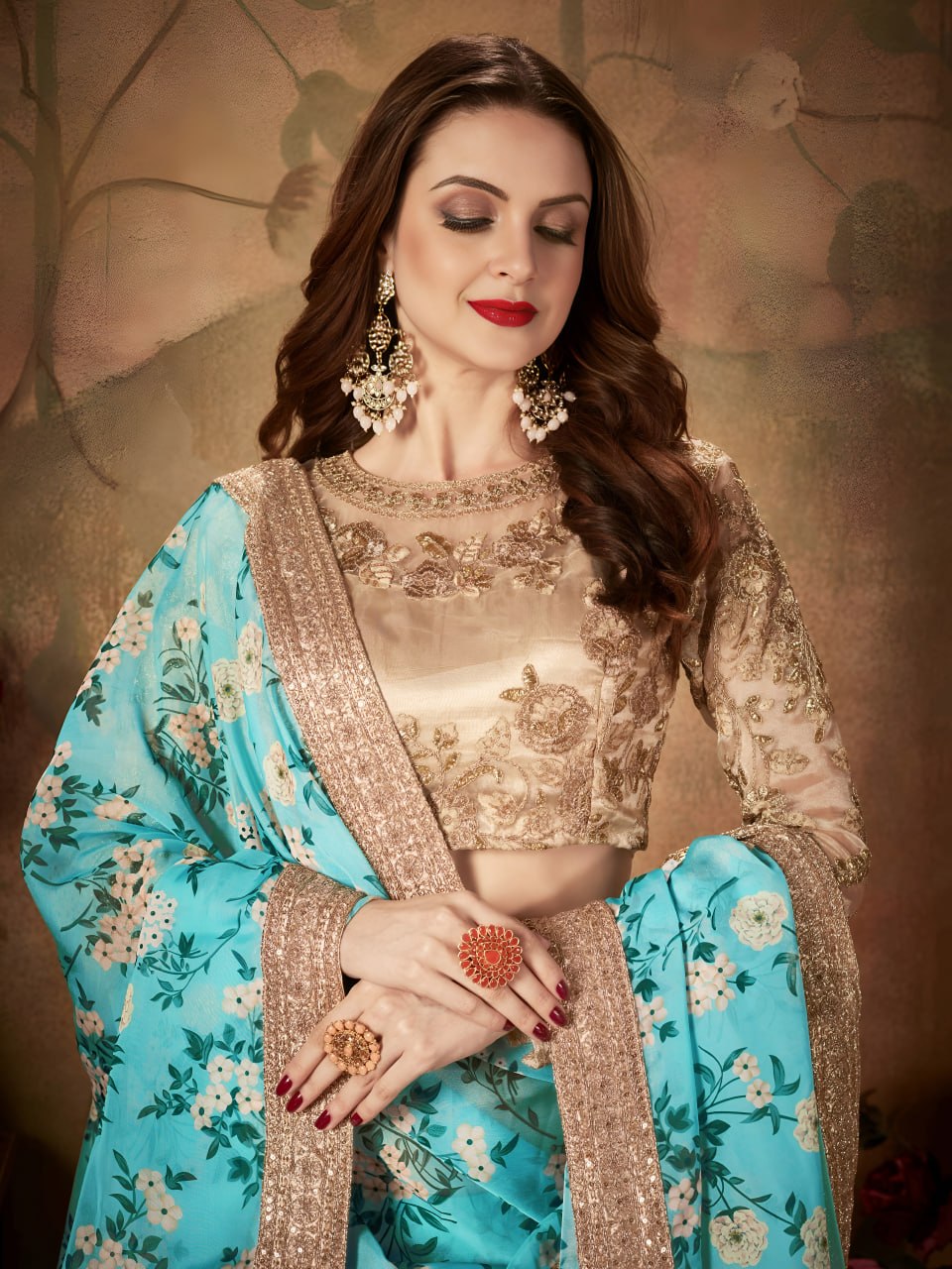 Sky Blue Floral Lehenga Choli with Golden Embroidered Blouse