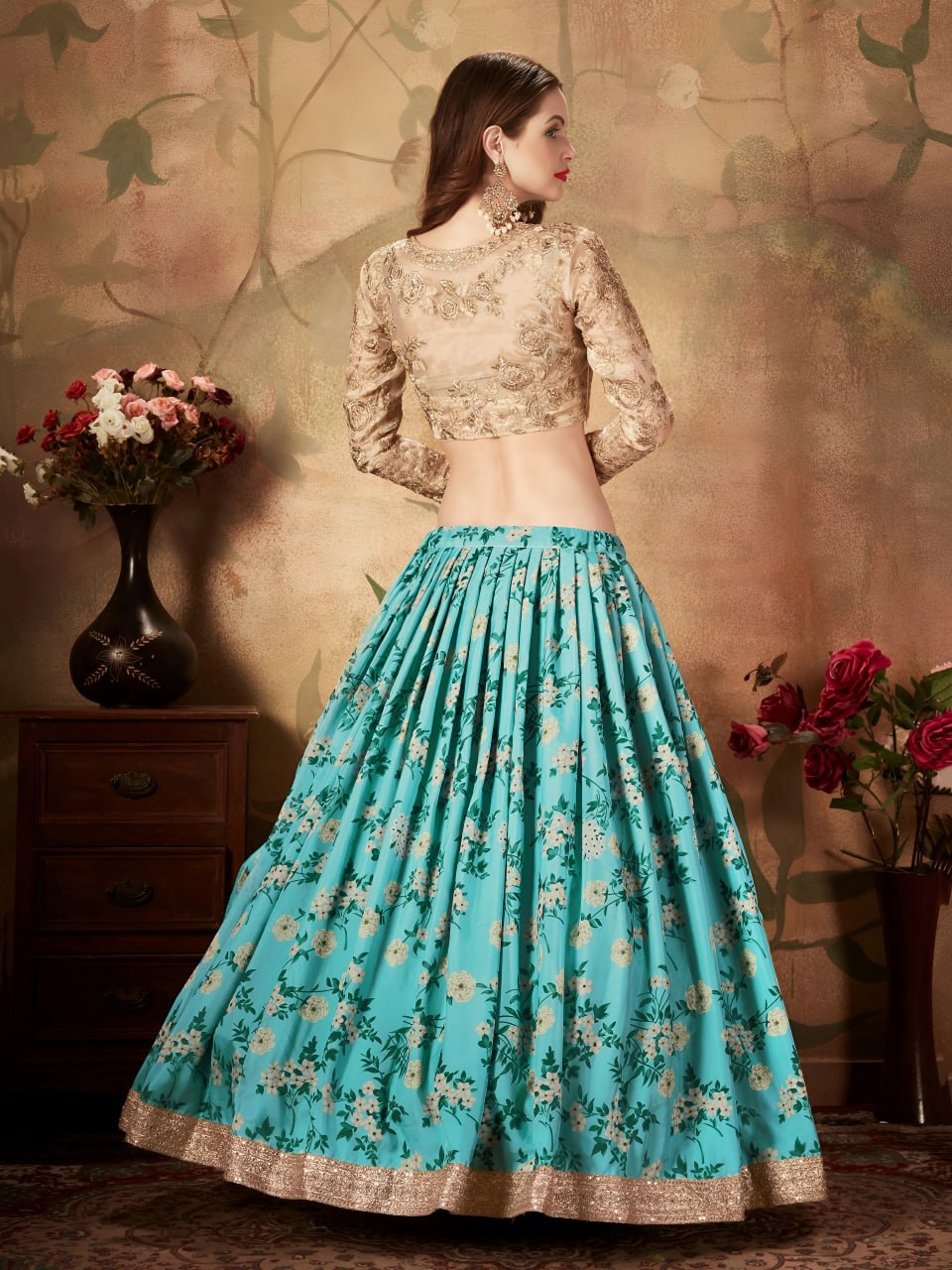 Sky Blue Floral Lehenga Choli with Golden Embroidered Blouse