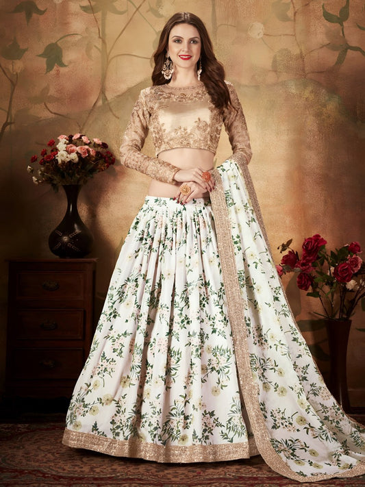 Ivory Floral Lehenga Choli with Golden Embroidered Blouse