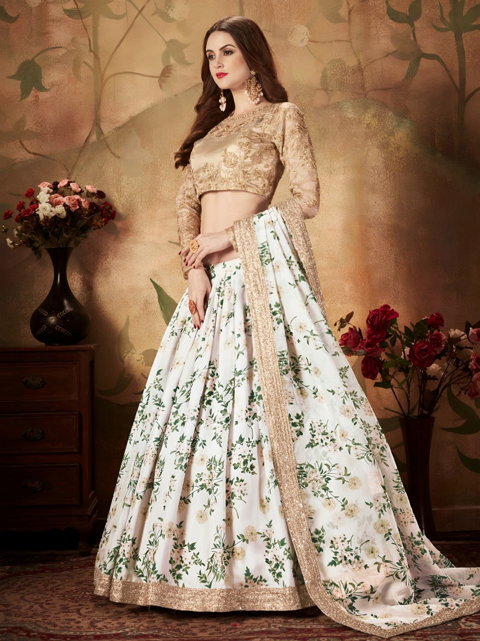 Ivory Floral Lehenga Choli with Golden Embroidered Blouse