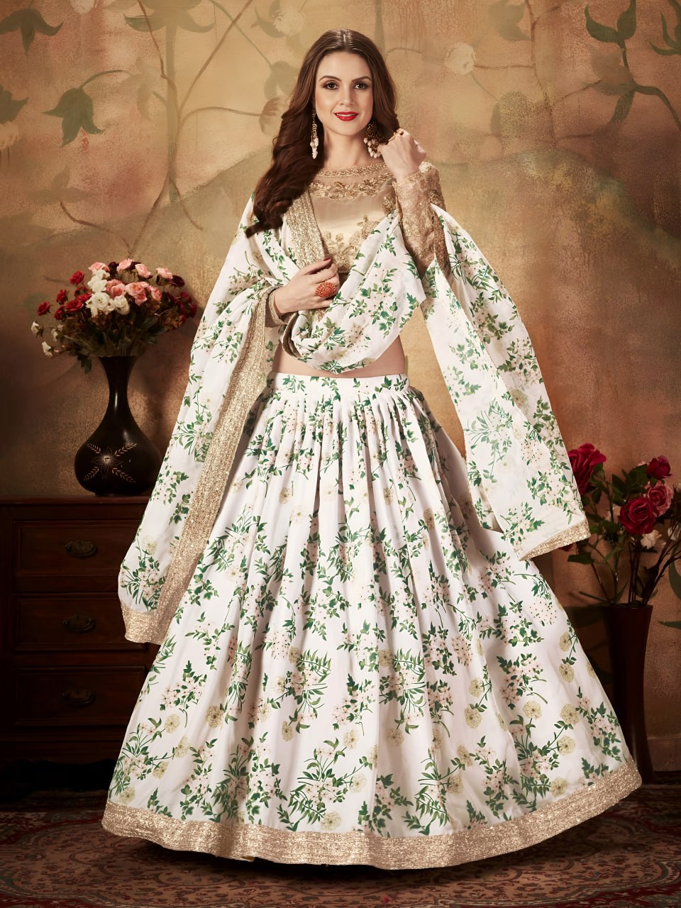 Ivory Floral Lehenga Choli with Golden Embroidered Blouse