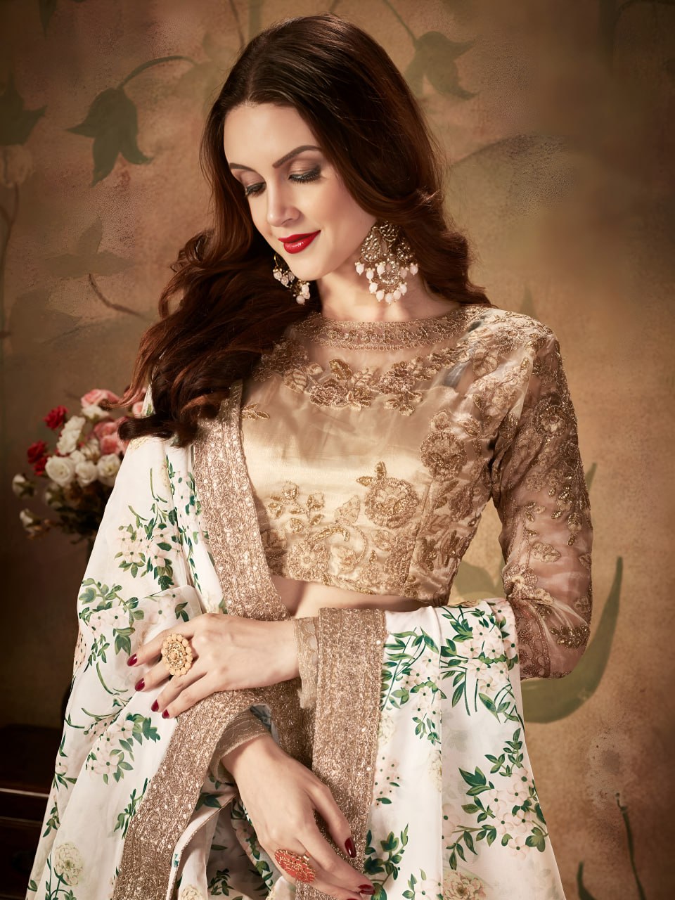 Ivory Floral Lehenga Choli with Golden Embroidered Blouse