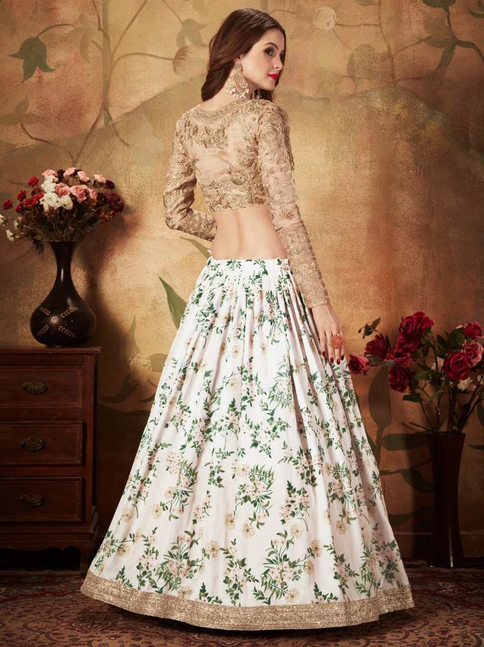 Ivory Floral Lehenga Choli with Golden Embroidered Blouse