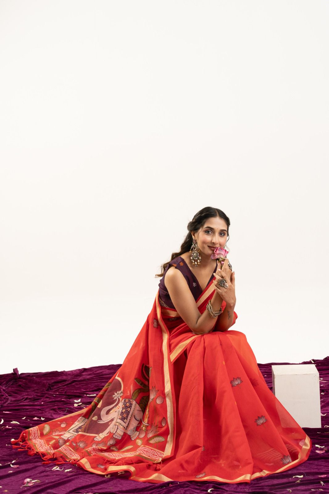 Premium Soft muga cotton sareeMUGA COTTON ELEPHANT  Premium Soft muga cotton saree with beautiful rajwadi concept weaving pallu with lotus , musa and zari weaving border with all over lotus weaving butties and Contrast blouse piece