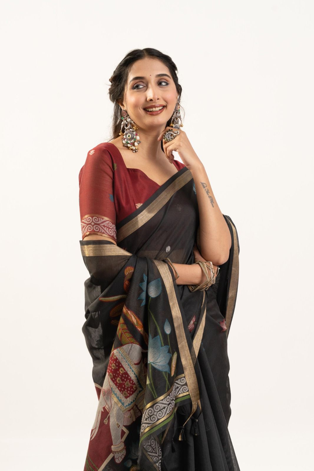 Premium Soft muga cotton sareeMUGA COTTON ELEPHANT  Premium Soft muga cotton saree with beautiful rajwadi concept weaving pallu with lotus , musa and zari weaving border with all over lotus weaving butties and Contrast blouse piece