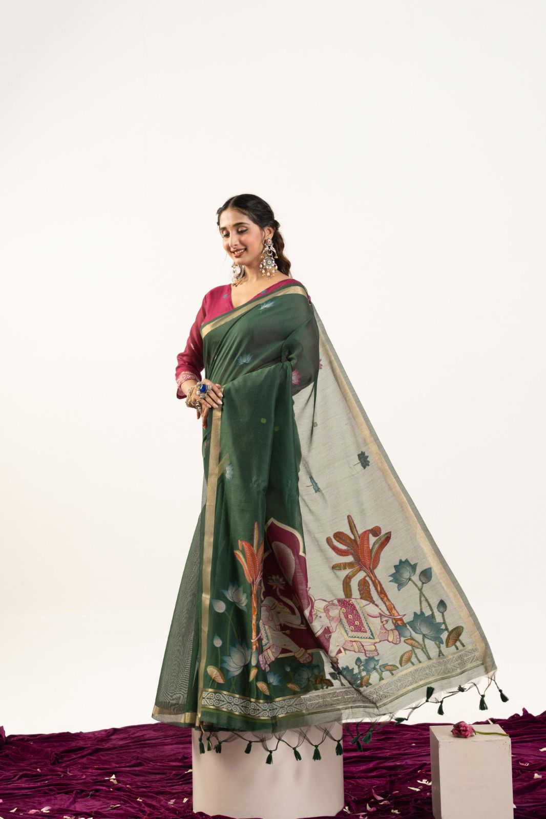 Premium Soft muga cotton sareeMUGA COTTON ELEPHANT  Premium Soft muga cotton saree with beautiful rajwadi concept weaving pallu with lotus , musa and zari weaving border with all over lotus weaving butties and Contrast blouse piece