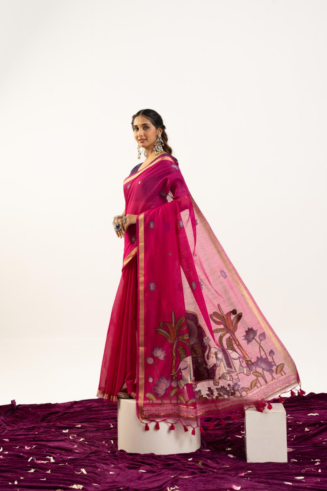 Premium Soft muga cotton sareeMUGA COTTON ELEPHANT  Premium Soft muga cotton saree with beautiful rajwadi concept weaving pallu with lotus , musa and zari weaving border with all over lotus weaving butties and Contrast blouse piece