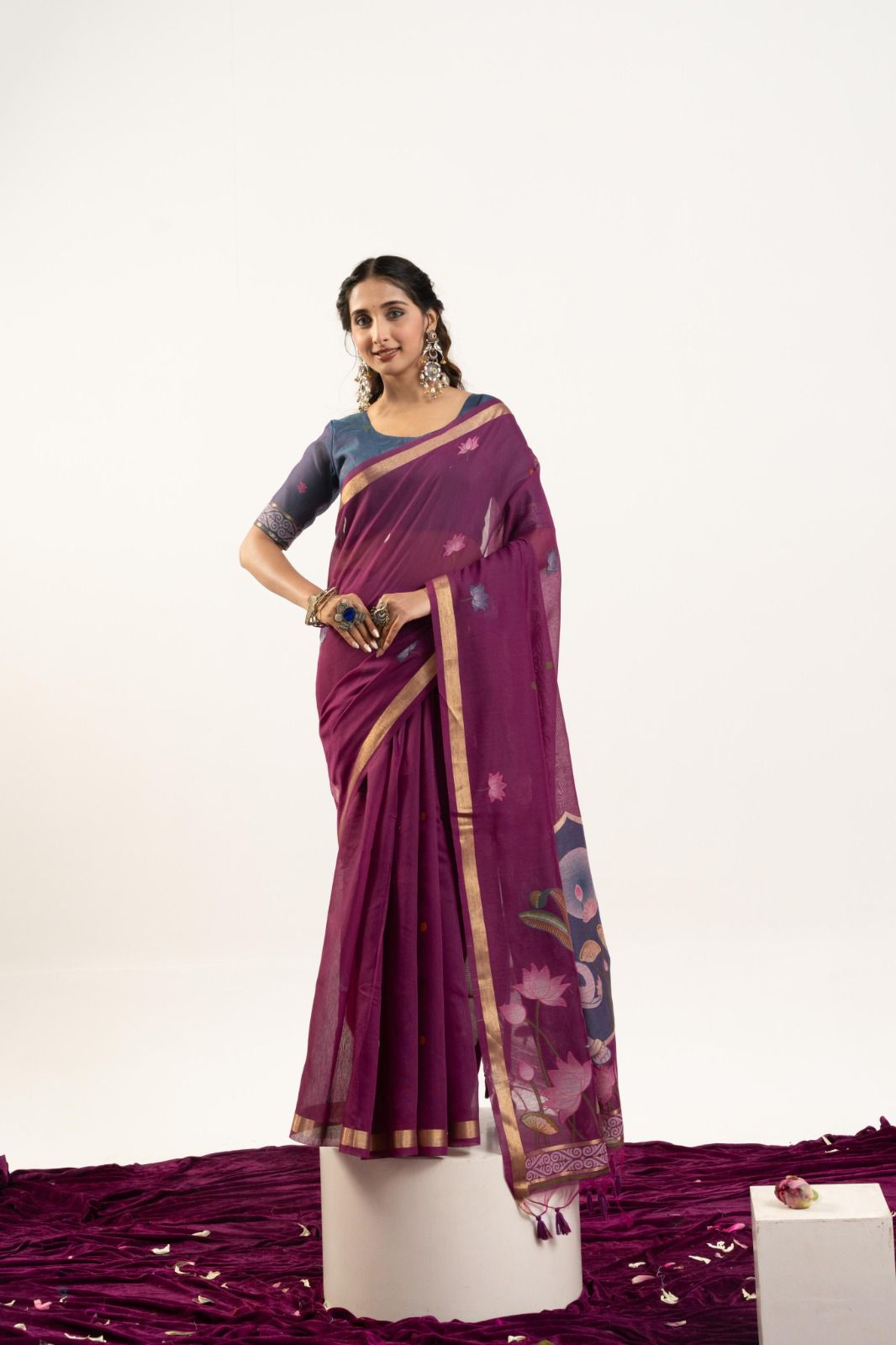 Premium Soft muga cotton sareeMUGA COTTON ELEPHANT  Premium Soft muga cotton saree with beautiful rajwadi concept weaving pallu with lotus , musa and zari weaving border with all over lotus weaving butties and Contrast blouse piece