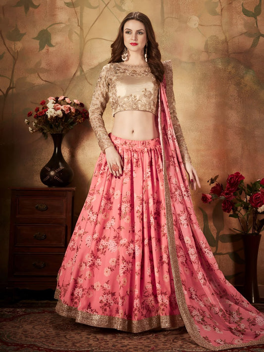 Pink  Floral Lehenga Choli with Golden Embroidered Blouse