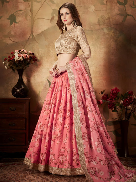 Pink  Floral Lehenga Choli with Golden Embroidered Blouse