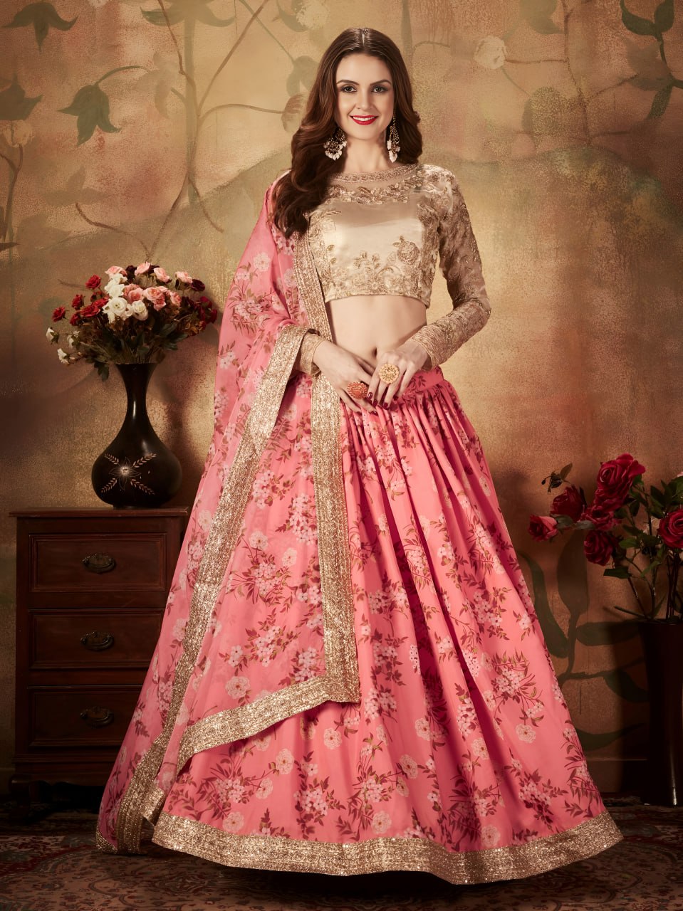 Pink  Floral Lehenga Choli with Golden Embroidered Blouse