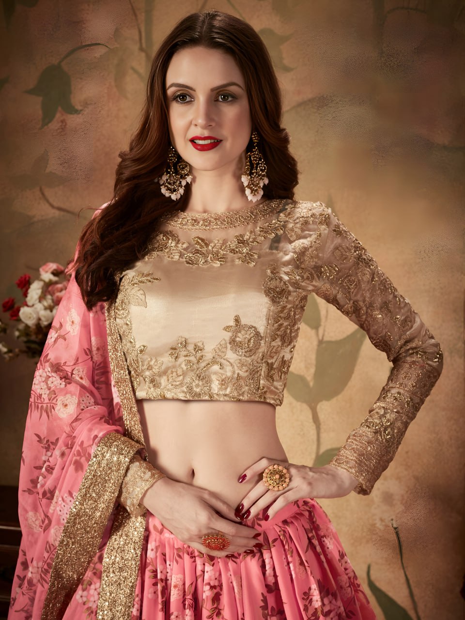 Pink  Floral Lehenga Choli with Golden Embroidered Blouse