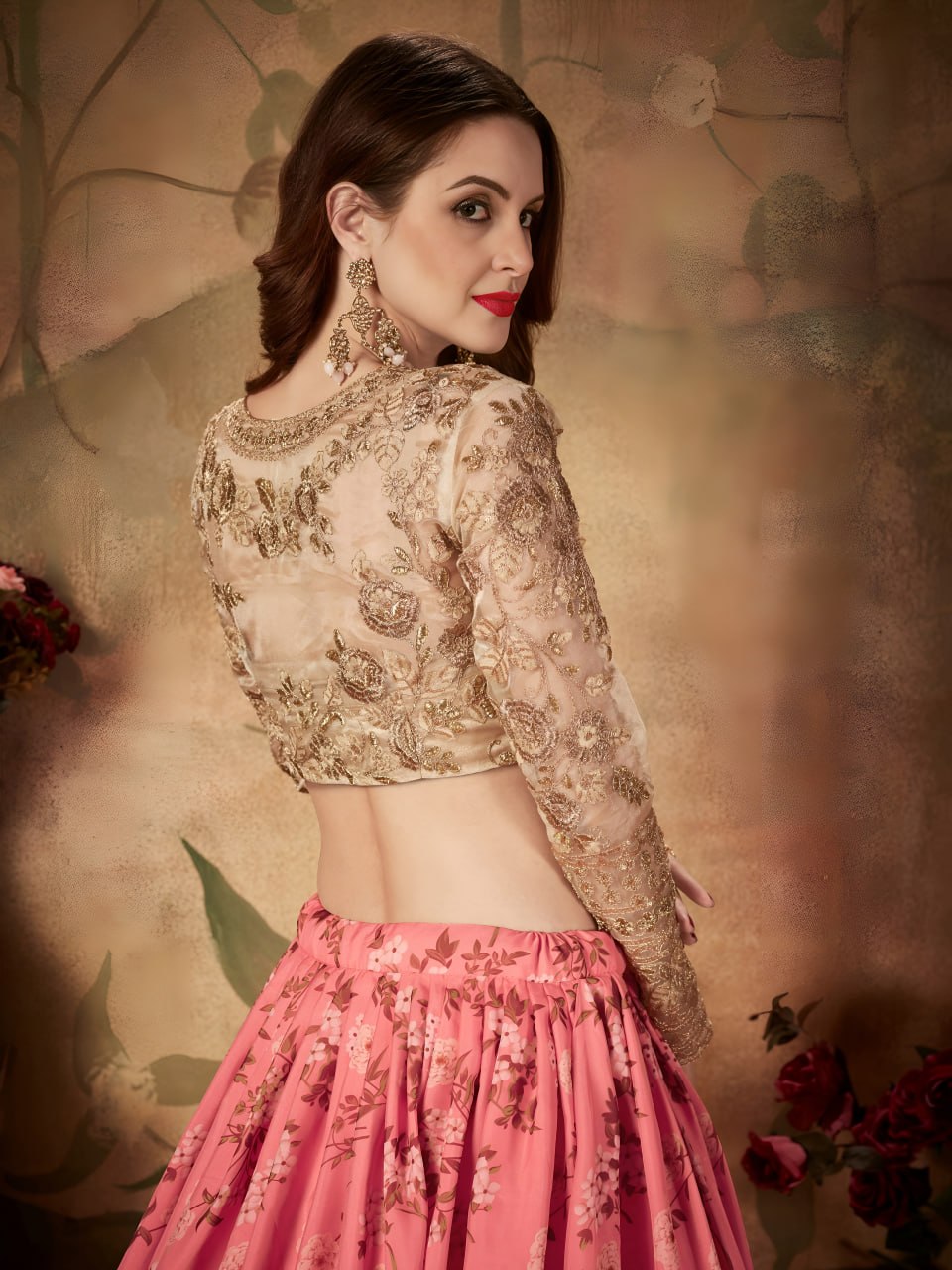 Pink  Floral Lehenga Choli with Golden Embroidered Blouse