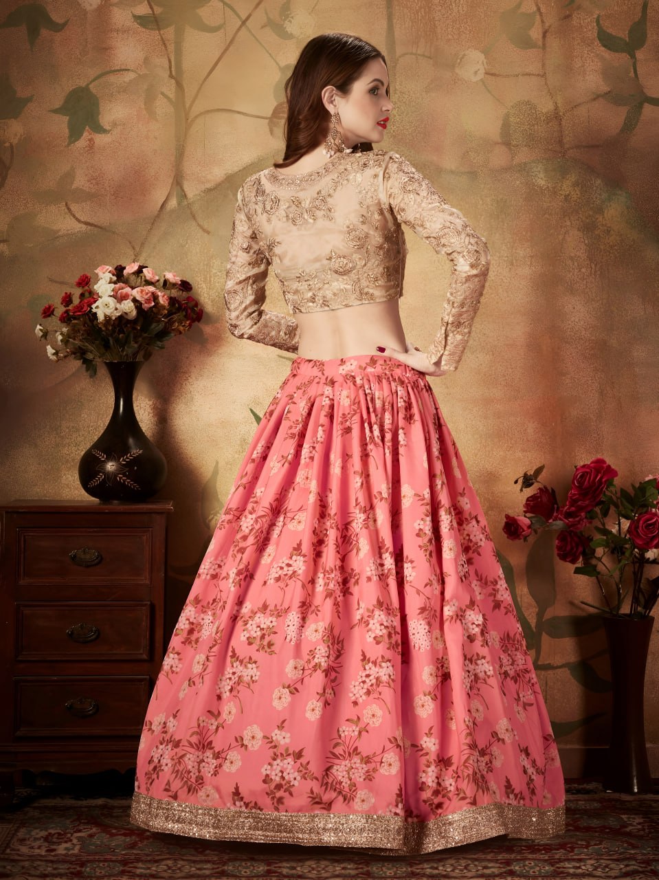 Pink  Floral Lehenga Choli with Golden Embroidered Blouse