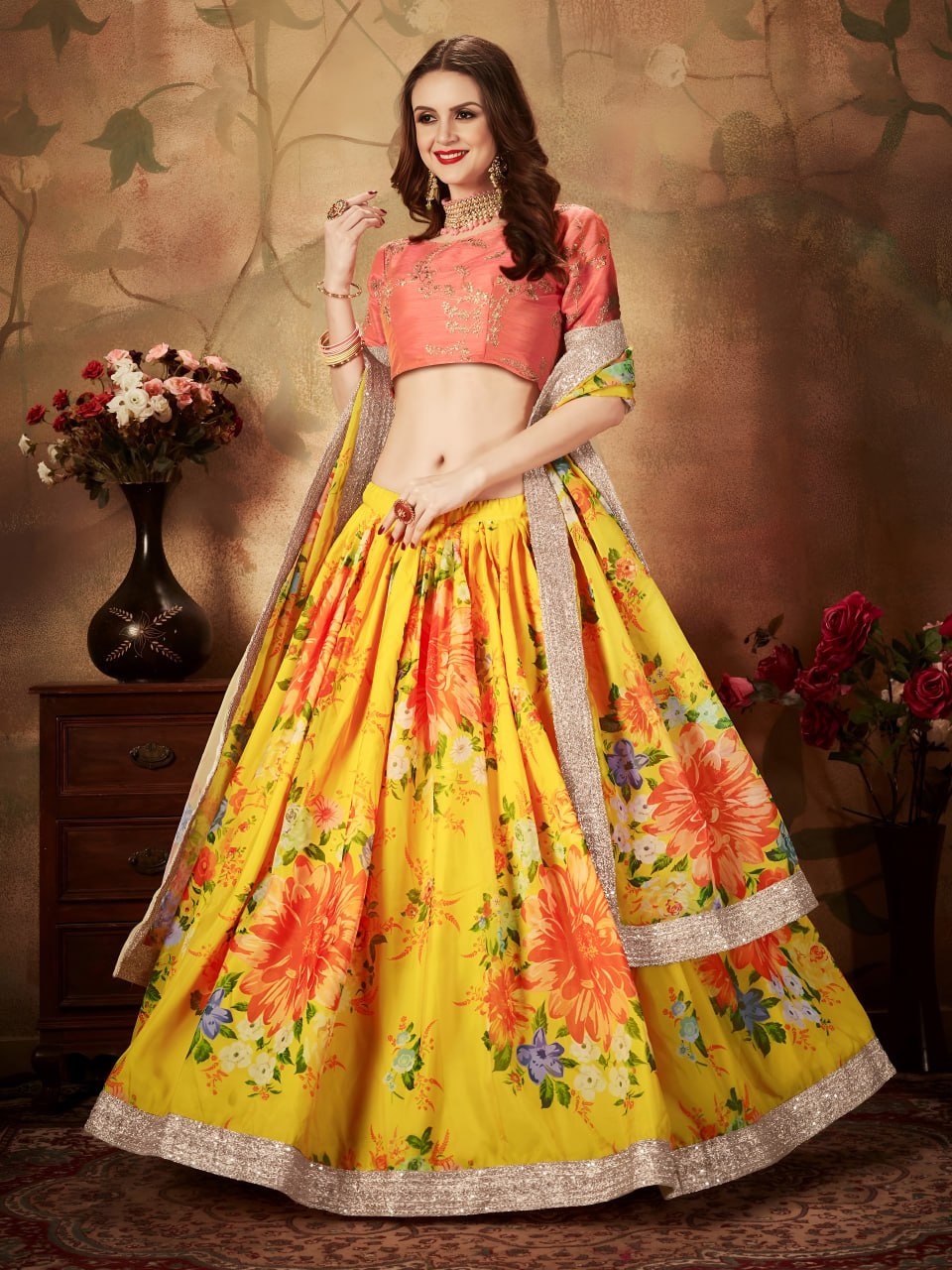 Yellow Floral Lehenga Choli with Orange Embroidered Blouse