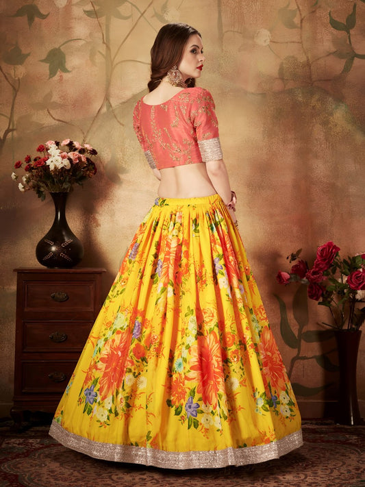 Yellow Floral Lehenga Choli with Orange Embroidered Blouse
