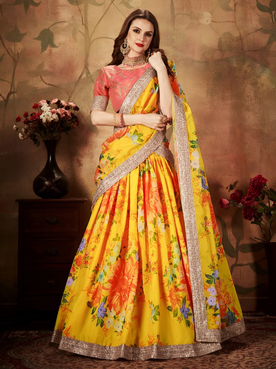 Yellow Floral Lehenga Choli with Orange Embroidered Blouse