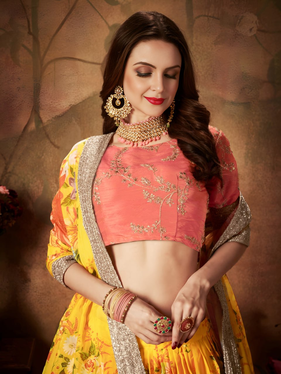 Yellow Floral Lehenga Choli with Orange Embroidered Blouse