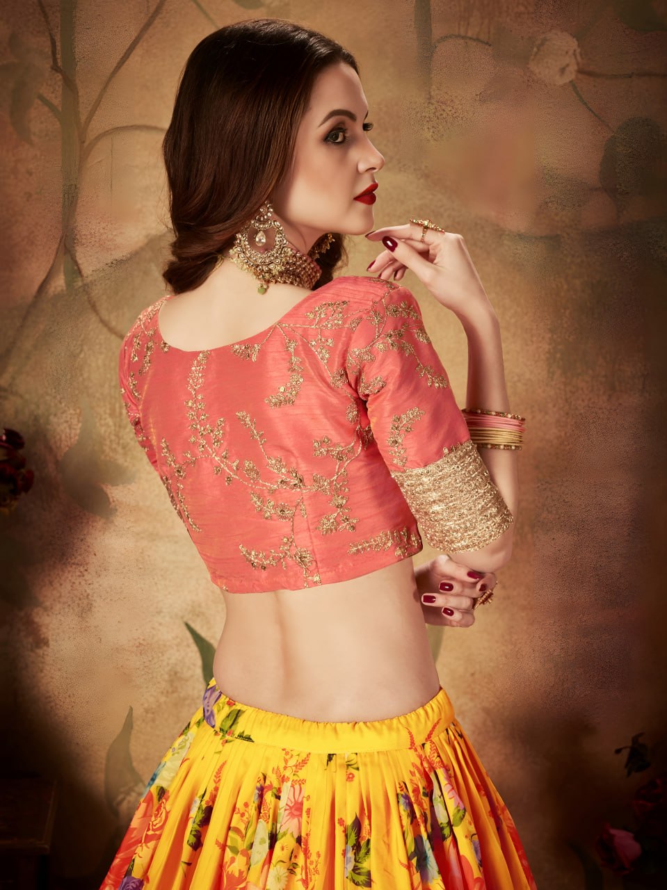 Yellow Floral Lehenga Choli with Orange Embroidered Blouse