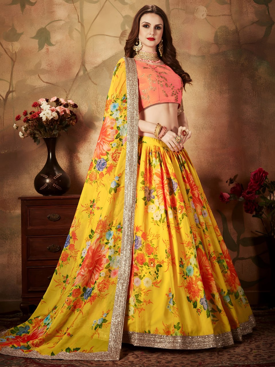 Yellow Floral Lehenga Choli with Orange Embroidered Blouse