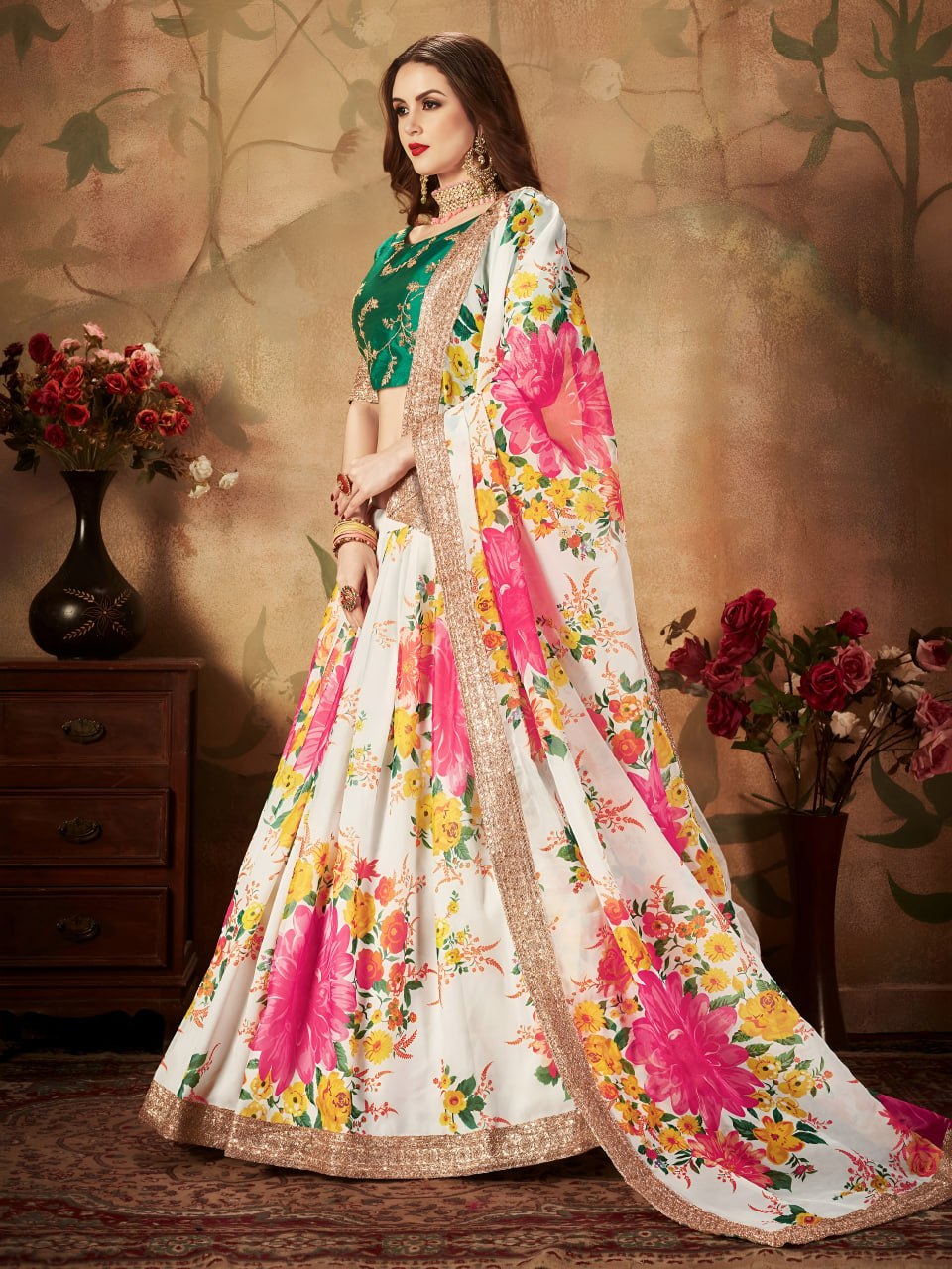 White Floral Lehenga Choli with Green Embroidered Blouse
