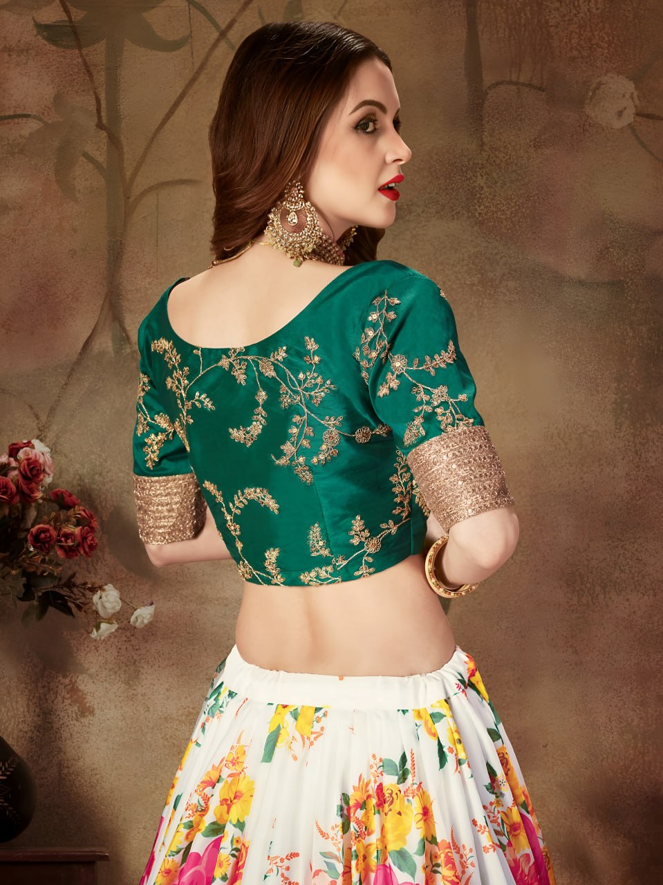 White Floral Lehenga Choli with Green Embroidered Blouse