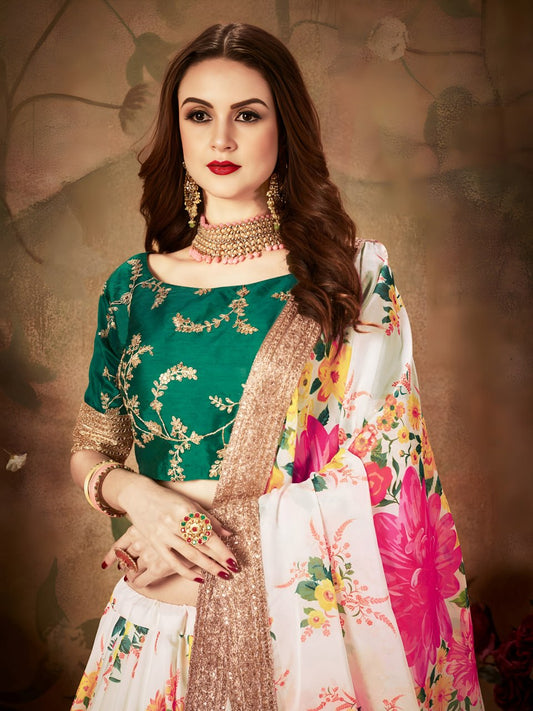 White Floral Lehenga Choli with Green Embroidered Blouse
