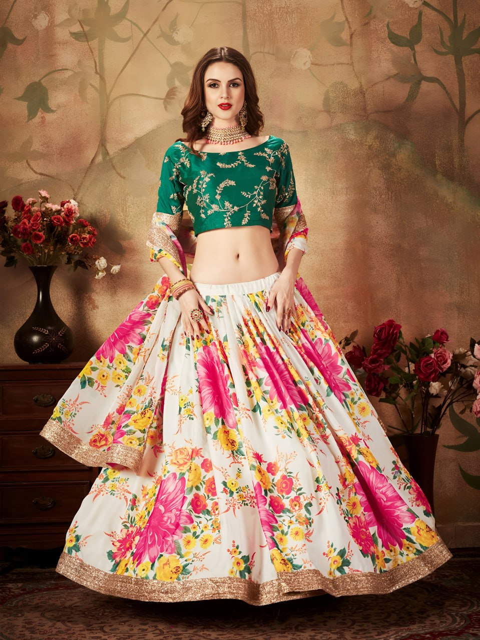 White Floral Lehenga Choli with Green Embroidered Blouse