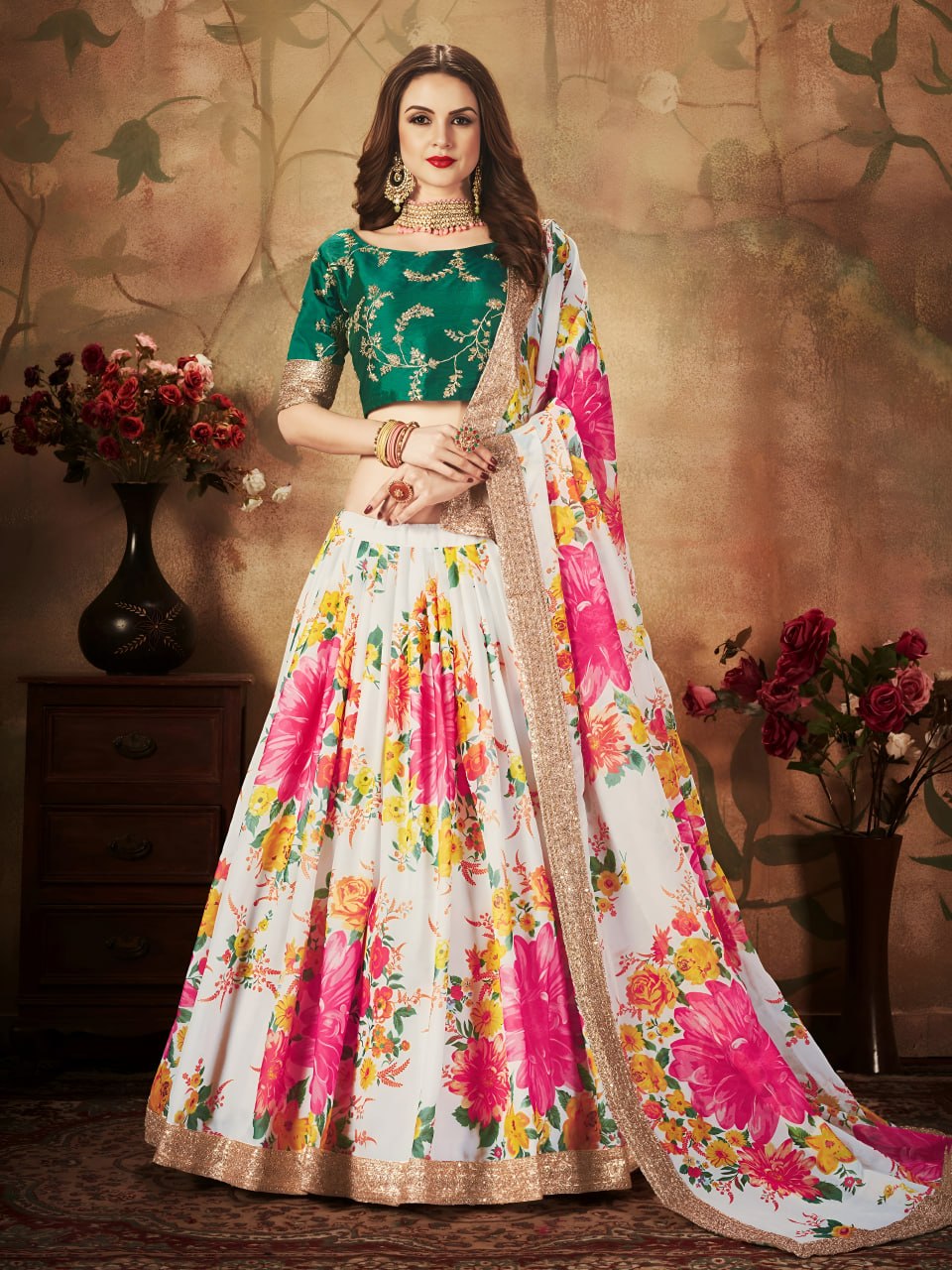 White Floral Lehenga Choli with Green Embroidered Blouse