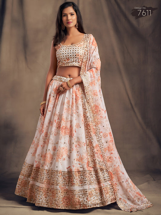 White & Peach Floral Printed Designer Lehenga Choli