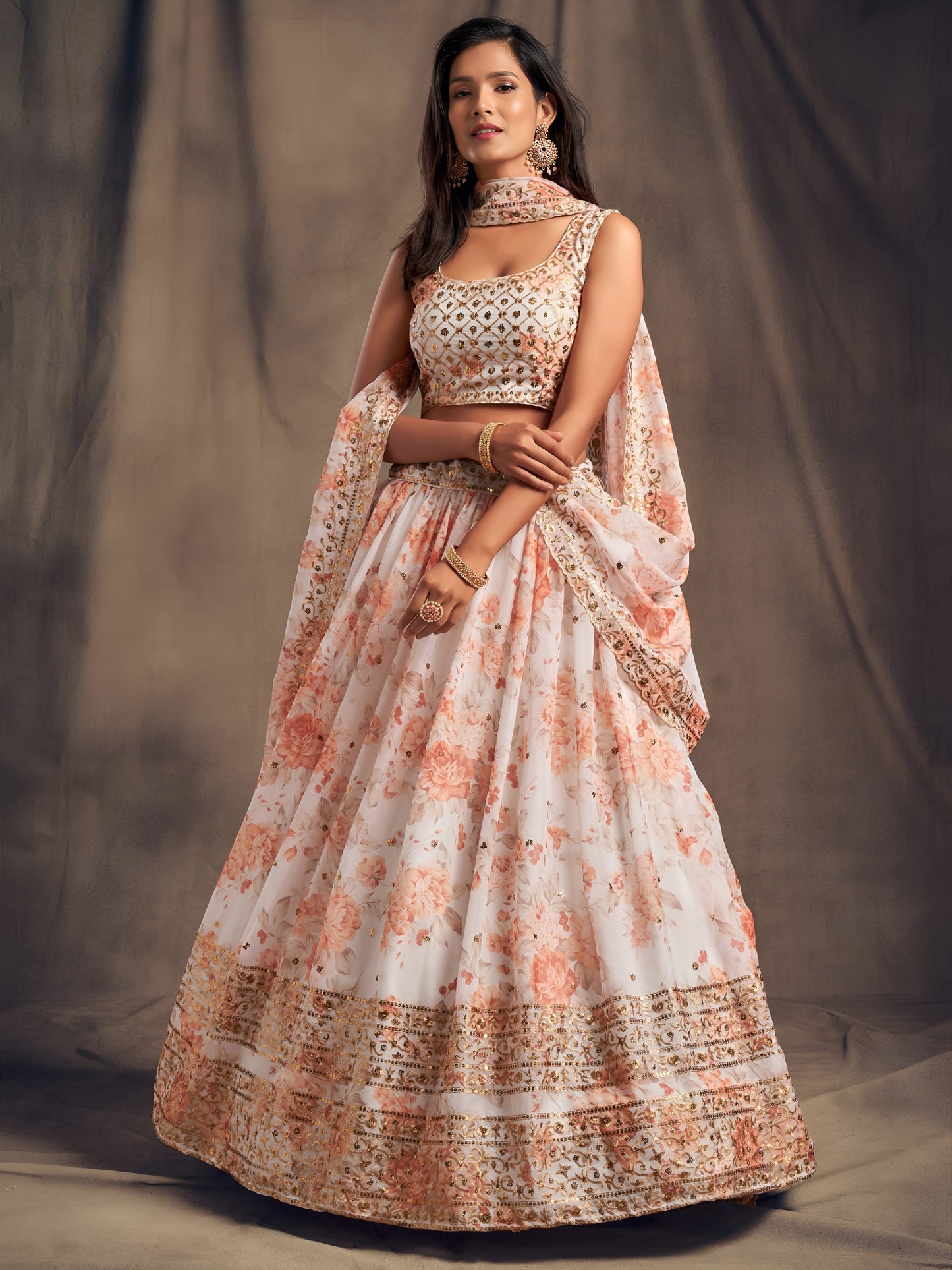 White & Peach Floral Printed Designer Lehenga Choli
